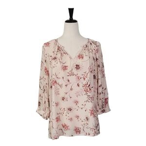 Maurices Peach & Maroon Floral Split V-neck 3/4 Raglan Sleeve Blouse Size XS